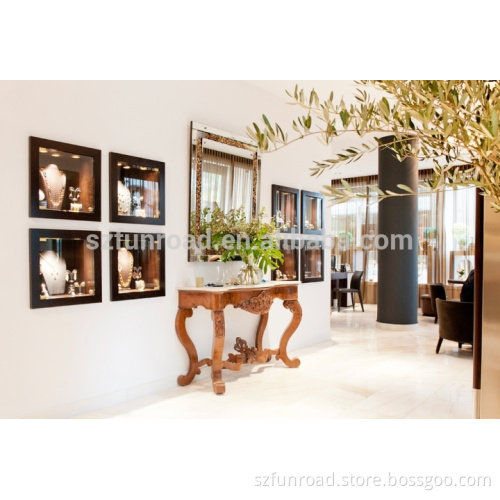 Built-in glass display cases for jewelry store interior designs wooden show counters